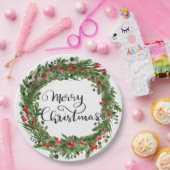 Vrolijk kerstscript Red Holly laat Wreator Papieren Bordje (Feest)