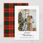 Vrolijk kerstscript Red Plaid Tartan Foto Feestdagenkaart (Voorkant / Achterkant)