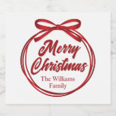 Vrolijk kerstscript Red Ribbon Bow Wine Label Sparkling Wijnetiket (Enkel label)