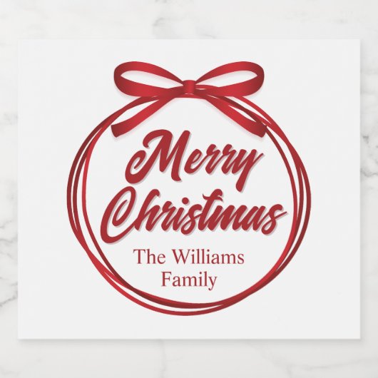 Vrolijk kerstscript Red Ribbon Bow Wine Label Sparkling Wijnetiket (Enkel label)