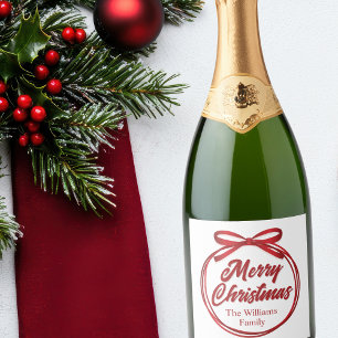 Vrolijk kerstscript Red Ribbon Bow Wine Label Sparkling Wijnetiket