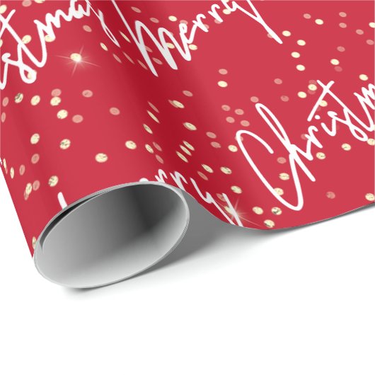 Vrolijk kerstscript Red White Gold Confetti Cadeaupapier (Rol Hoek)