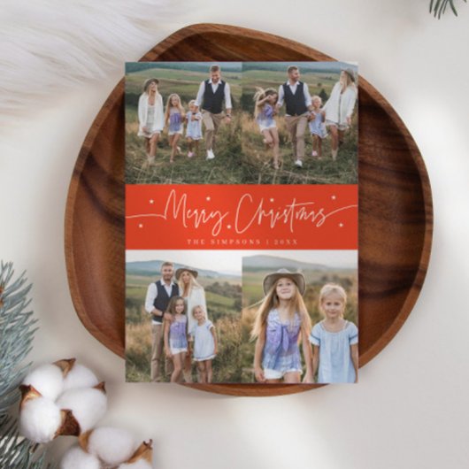 Vrolijk kerstscript rode multifoto feestdagenkaart