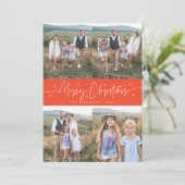 Vrolijk kerstscript rode multifoto feestdagenkaart (Staand voorkant)