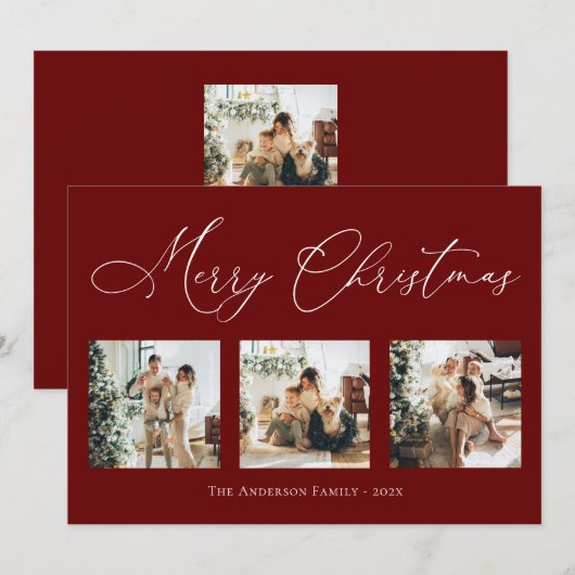 Vrolijk kerstscript rood 2 Multi Photo Collage H Feestdagenkaart (Voorkant / Achterkant)