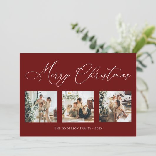 Vrolijk kerstscript rood 2 Multi Photo Collage H Feestdagenkaart (Staand voorkant)