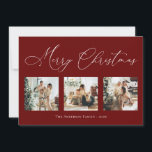 Vrolijk kerstscript rood 2 Multi Photo Collage H Feestdagenkaart<br><div class="desc">Creëer prachtige herinneringen aan dit vakantieseizoen met deze multi-foto collage vakantiekaart. Deze kaart kenmerkt een modern minimalistisch manuscript met uw favoriete foto's op de voorzijde en op de rug. Pas deze volledig aanpasbare kaart aan met uw begroeting,  bericht,  familienaam en jaar.</div>