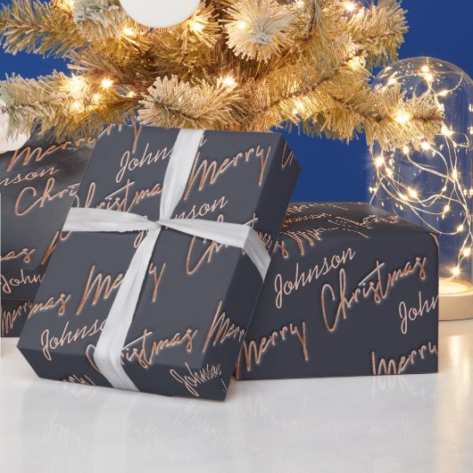 Vrolijk kerstscript Roos Gold Script op naam grijs Cadeaupapier (Feestdagen)