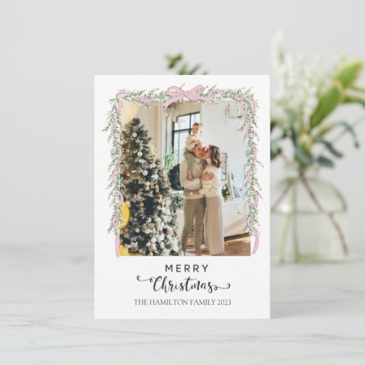 Vrolijk kerstscript roze boog foto feestdagenkaart (Staand voorkant)