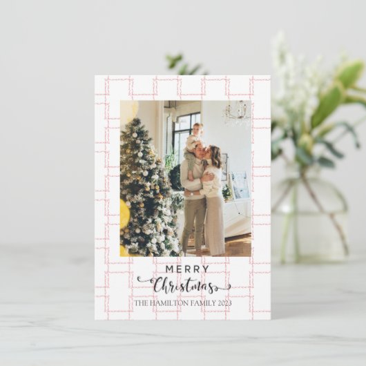 Vrolijk kerstscript roze geometrische foto feestdagenkaart (Staand voorkant)