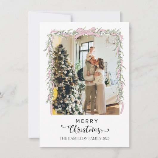 Vrolijk kerstscript roze strik garland foto feestdagenkaart (Voorkant)