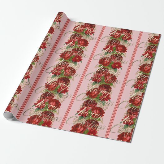 Vrolijk kerstscript Rozen rood goud marmer roze Cadeaupapier (Uitgerold)