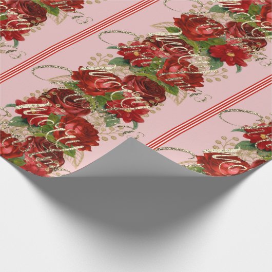 Vrolijk kerstscript Rozen rood goud marmer roze Cadeaupapier (Hoek)