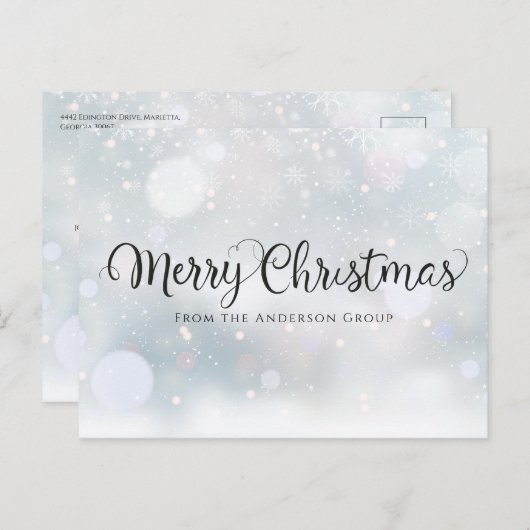 Vrolijk kerstscript Snowflakes Kantoor Holiday Aankondigingskaart (Voorkant / Achterkant)