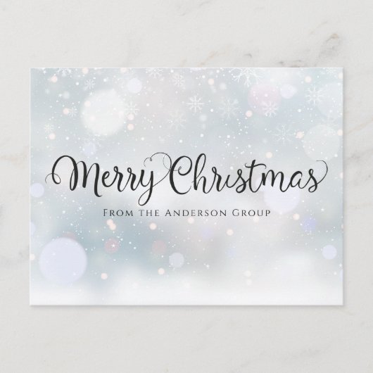 Vrolijk kerstscript Snowflakes Kantoor Holiday Aankondigingskaart (Voorkant)