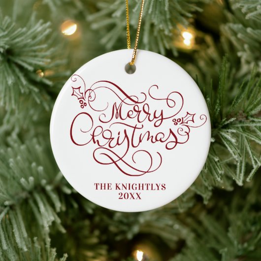 Vrolijk Kerstscript Typografie Naam Rood Wit Keramisch Ornament (Boom)