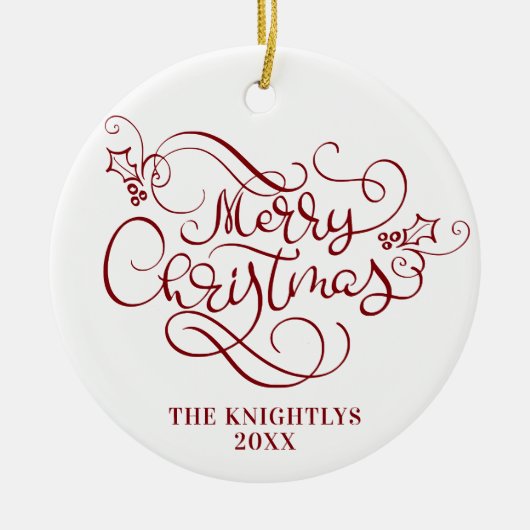 Vrolijk Kerstscript Typografie Naam Rood Wit Keramisch Ornament (Voorkant)