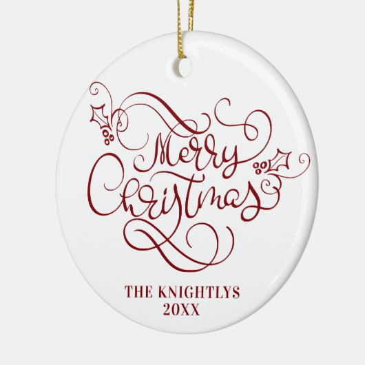 Vrolijk Kerstscript Typografie Naam Rood Wit Keramisch Ornament (Links)