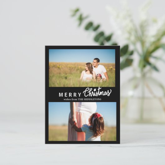 Vrolijk kerstscript vakantie zwart twee foto feestdagenkaart (Staand voorkant)