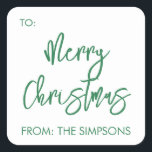Vrolijk kerstscript van modern minimalistisch vierkante sticker<br><div class="desc">Dit ontwerp kan op het gebied worden gepersonaliseerd dat door de foto en/of tekst te veranderen wordt verstrekt. Of het kan worden aangepast door te klikken deze Sjabloon personaliseert en dan de klik te kiezen om verdere optie aan te passen en de kleur van de achtergrond te schrappen of te...</div>