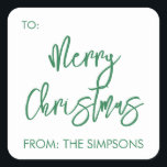 Vrolijk kerstscript van modern minimalistisch vierkante sticker<br><div class="desc">Dit ontwerp kan op het gebied worden gepersonaliseerd dat door de foto en/of tekst te veranderen wordt verstrekt. Of het kan worden aangepast door te klikken deze Sjabloon personaliseert en dan de klik te kiezen om verdere optie aan te passen en de kleur van de achtergrond te schrappen of te...</div>