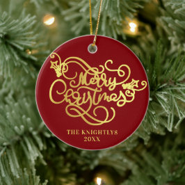 Vrolijk kerstscript voor Gold Uw kleur Keramisch Ornament