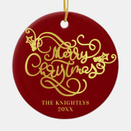 Vrolijk kerstscript voor Gold Uw kleur Keramisch Ornament