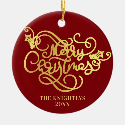 Vrolijk kerstscript voor Gold Uw kleur Keramisch Ornament (Voorkant)