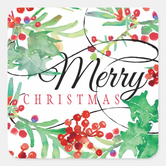 Vrolijk kerstscript Waterverf Holly Holiday Vierkante Sticker (Voorkant)