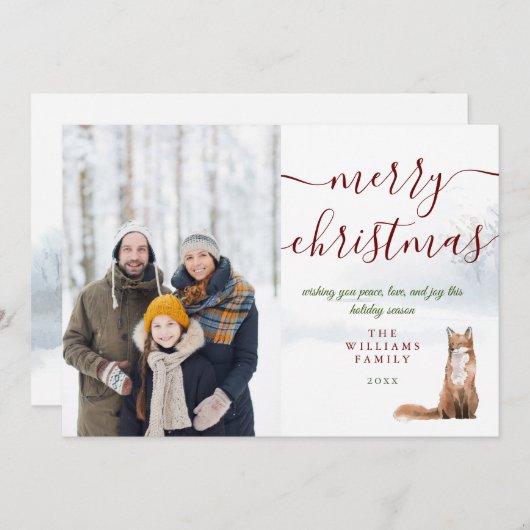 Vrolijk kerstscript Winter Fox Foto Feestdagenkaart (Voorkant / Achterkant)