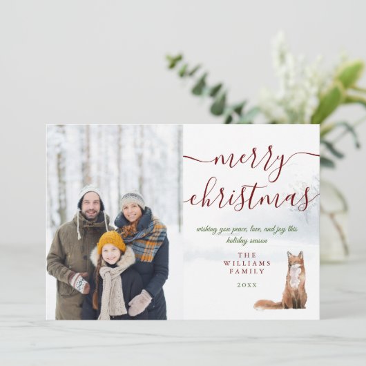 Vrolijk kerstscript Winter Fox Foto Feestdagenkaart (Staand voorkant)