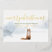 Vrolijk kerstscript Winter Fox Gold Folie Feestdagenkaart (Voorkant)