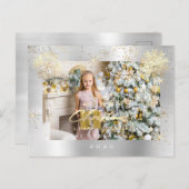 Vrolijk kerstscript zilver grijs goud lux sneeuw briefkaart (Voorkant / Achterkant)