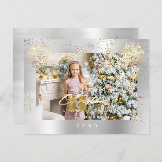 Vrolijk kerstscript zilver grijs goud lux sneeuw briefkaart (Voorkant / Achterkant)