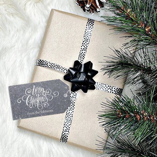 Vrolijk kerstscript zilveren glitter gepersonalise cadeaulabel