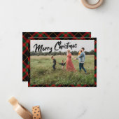 Vrolijk kerstscript zwart geruite fotovakantie notitiekaartje (Voorkant / Achterkant in situ)