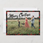 Vrolijk kerstscript zwart geruite fotovakantie notitiekaartje (Voorkant)