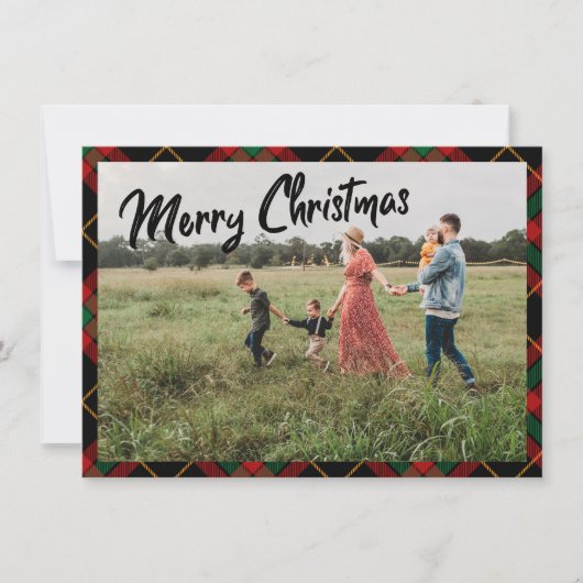 Vrolijk kerstscript zwart geruite fotovakantie notitiekaartje (Voorkant)