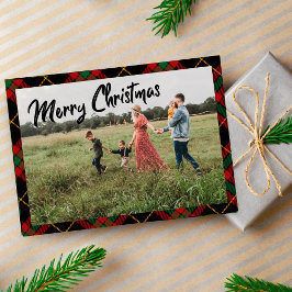 Vrolijk kerstscript zwart geruite fotovakantie notitiekaartje