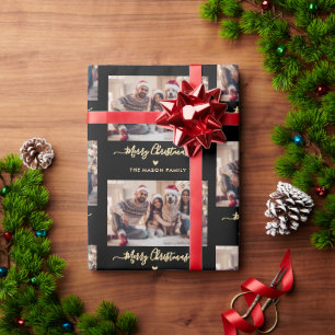 Vrolijk Kerstscript Zwart Goud Fotocollage Cadeaupapier