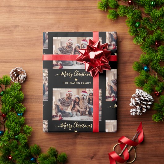 Vrolijk Kerstscript Zwart Goud Fotocollage Cadeaupapier (Feestdagen Geschenken)