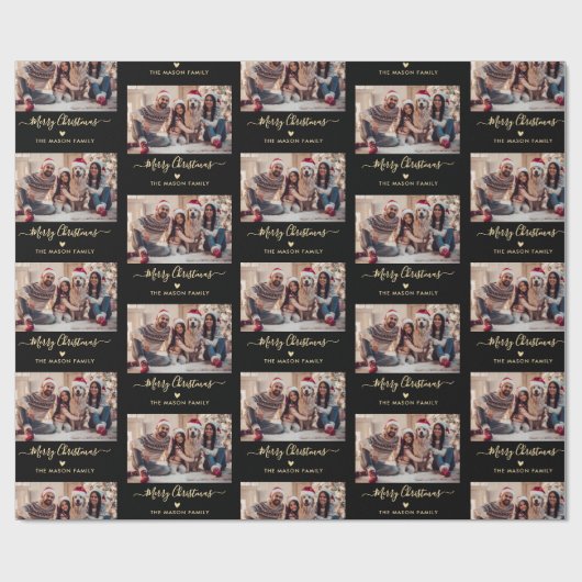 Vrolijk Kerstscript Zwart Goud Fotocollage Cadeaupapier (Vlak)