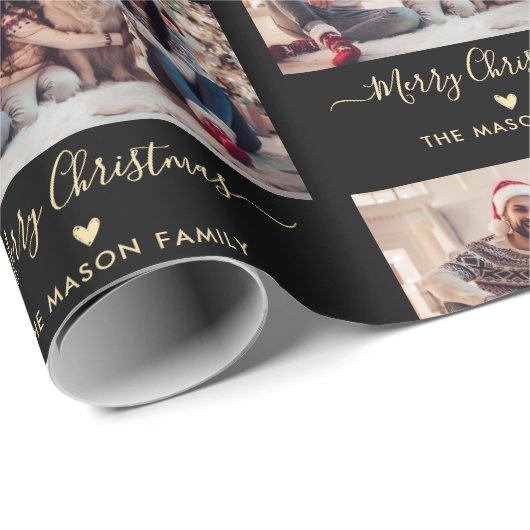 Vrolijk Kerstscript Zwart Goud Fotocollage Cadeaupapier (Rol Hoek)