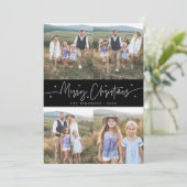 Vrolijk Kerstscript Zwart Multi Photo Feestdagenkaart (Staand voorkant)
