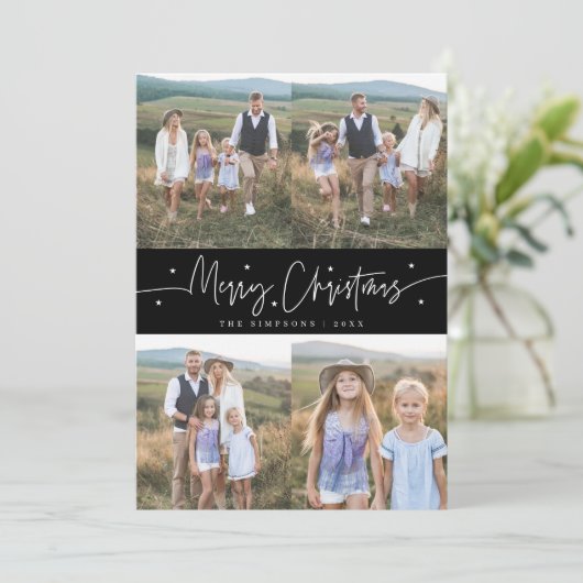 Vrolijk Kerstscript Zwart Multi Photo Feestdagenkaart (Staand voorkant)