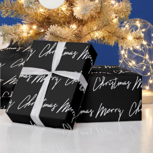Vrolijk kerstscript zwart-wit-seizoensgebonden win cadeaupapier