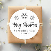 Vrolijk kerstscript zwart wit sneeuwvlok ronde sticker