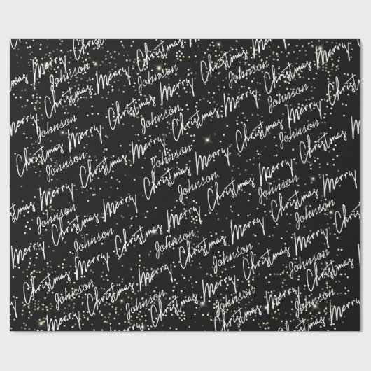 Vrolijk kerstscript zwarte naam Gold Confetti Cadeaupapier (Vlak)