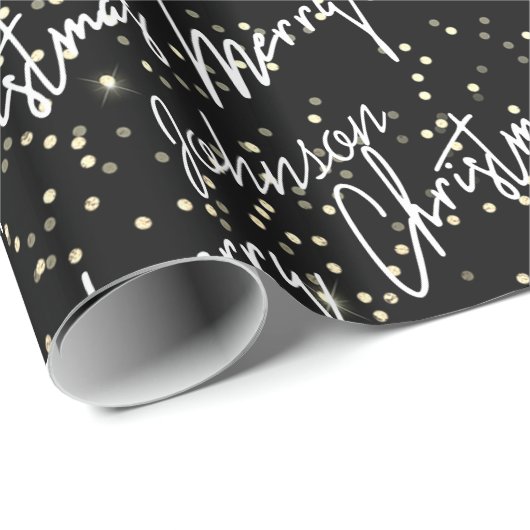 Vrolijk kerstscript zwarte naam Gold Confetti Cadeaupapier (Rol Hoek)