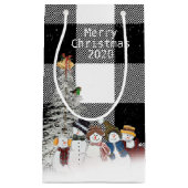 Vrolijk kerstsneeuwpoppen op het vacht klein cadeauzakje (Voorkant)